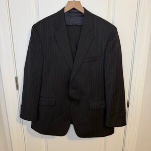 VTG Lauren Ralph Lauren 100% Wool 3 Piece Suit Black Pinstripe Pants 31 Mens 42R